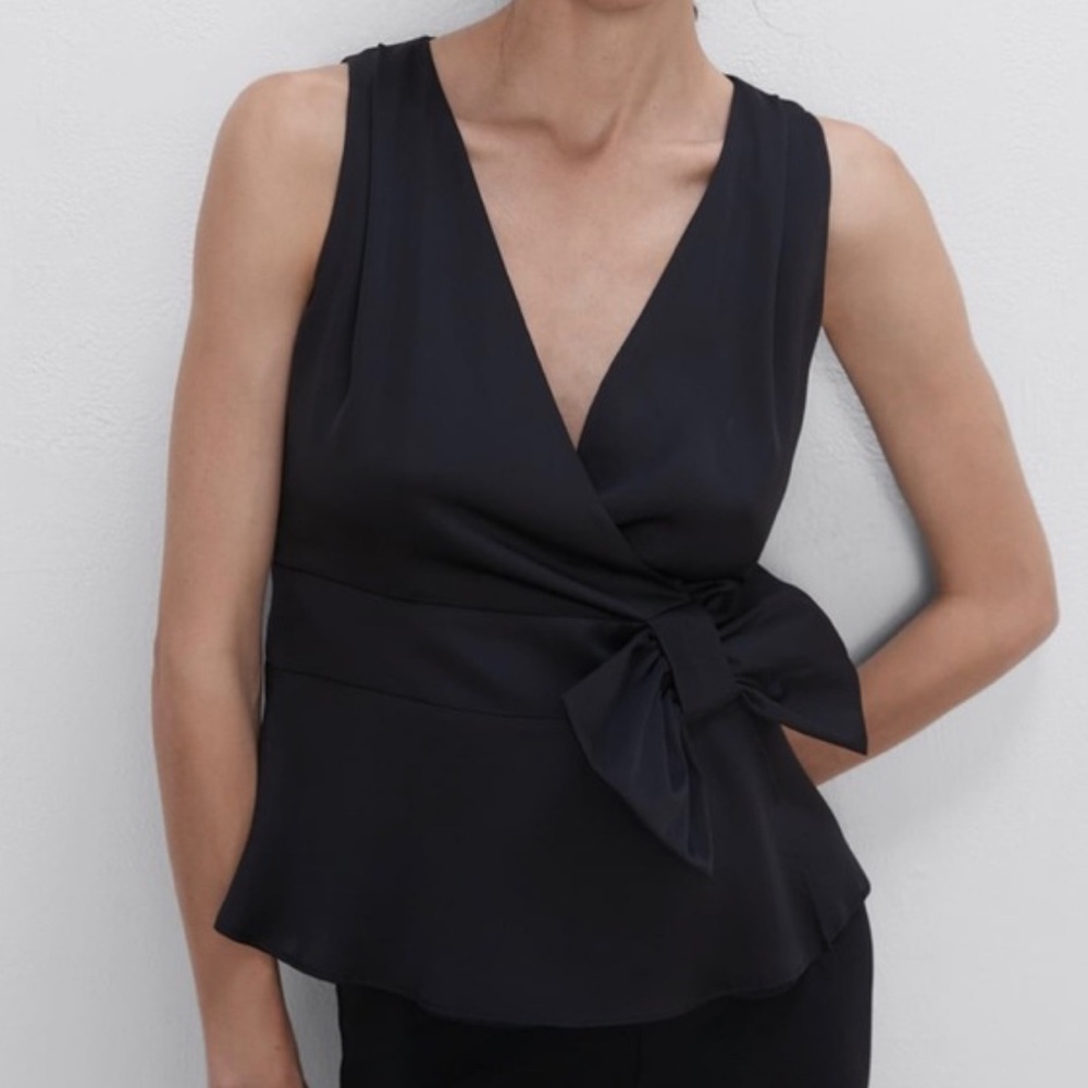 Zara Black Satin Bow Waist Top